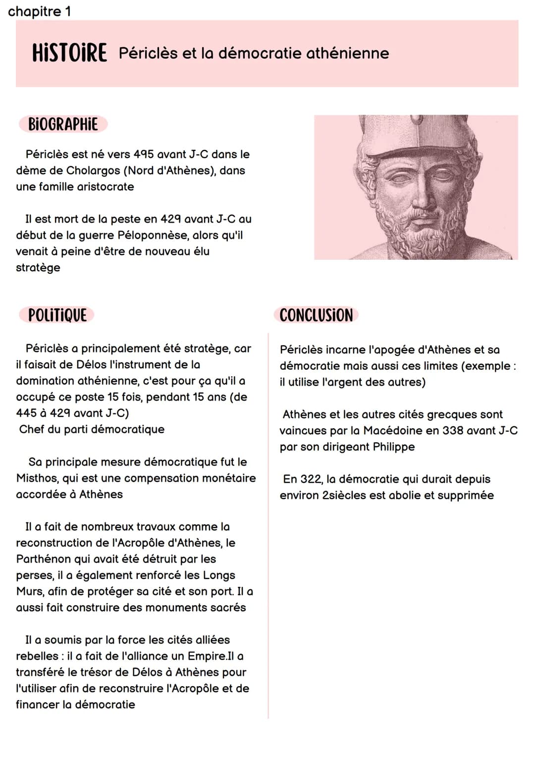 chapitre 1
HISTOIRE Périclès et la démocratie athénienne
BIOGRAPHIE
Périclès est né vers 495 avant J-C dans le
dème de Cholargos (Nord d'Ath