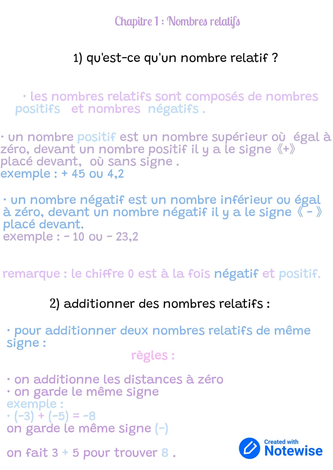 Chapitre 1: Nombres relatifs
1) qu'est-ce qu'un nombre relatif ?
• les nombres relatifs sont composés de nombres
positifs et nombres négatif