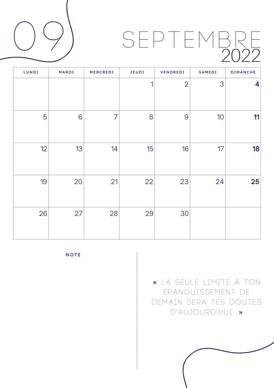 DÉFINITIONS PROGRESSION RÉVISIONS
SUJET
TEMPS
COMPRÉHENSION
OOOOO
DOOOO
OO NOTES 05
LUNDI
1
8
15
22
29
MARDI
2
9
16
23
30
NOTE
MERCREDI
3
10