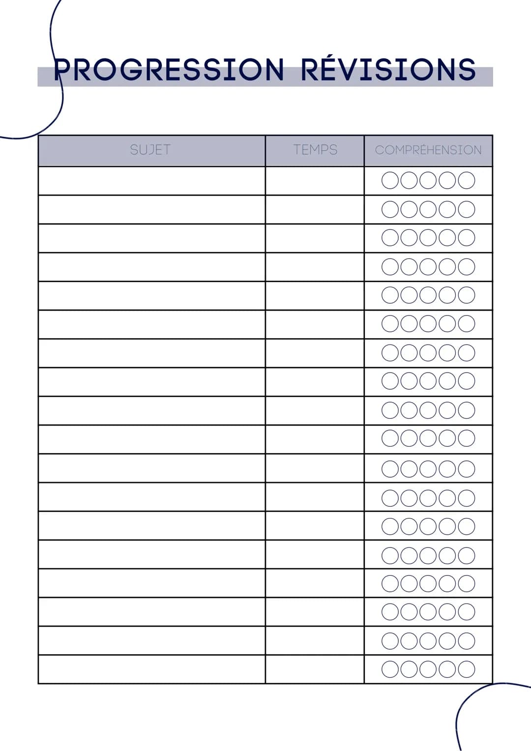 DÉFINITIONS PROGRESSION RÉVISIONS
SUJET
TEMPS
COMPRÉHENSION
OOOOO
DOOOO
OO NOTES 05
LUNDI
1
8
15
22
29
MARDI
2
9
16
23
30
NOTE
MERCREDI
3
10