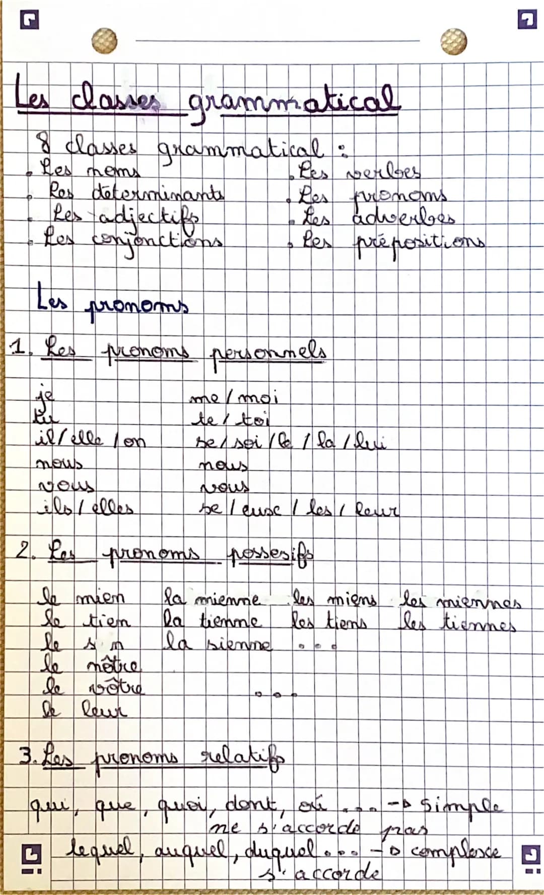 G
Les classes grammatical
8 classes grammatical :
Les nems
Res determinants
Les adjectifs
Les conjonctions
Les
pronoms
1. Res pronoms person