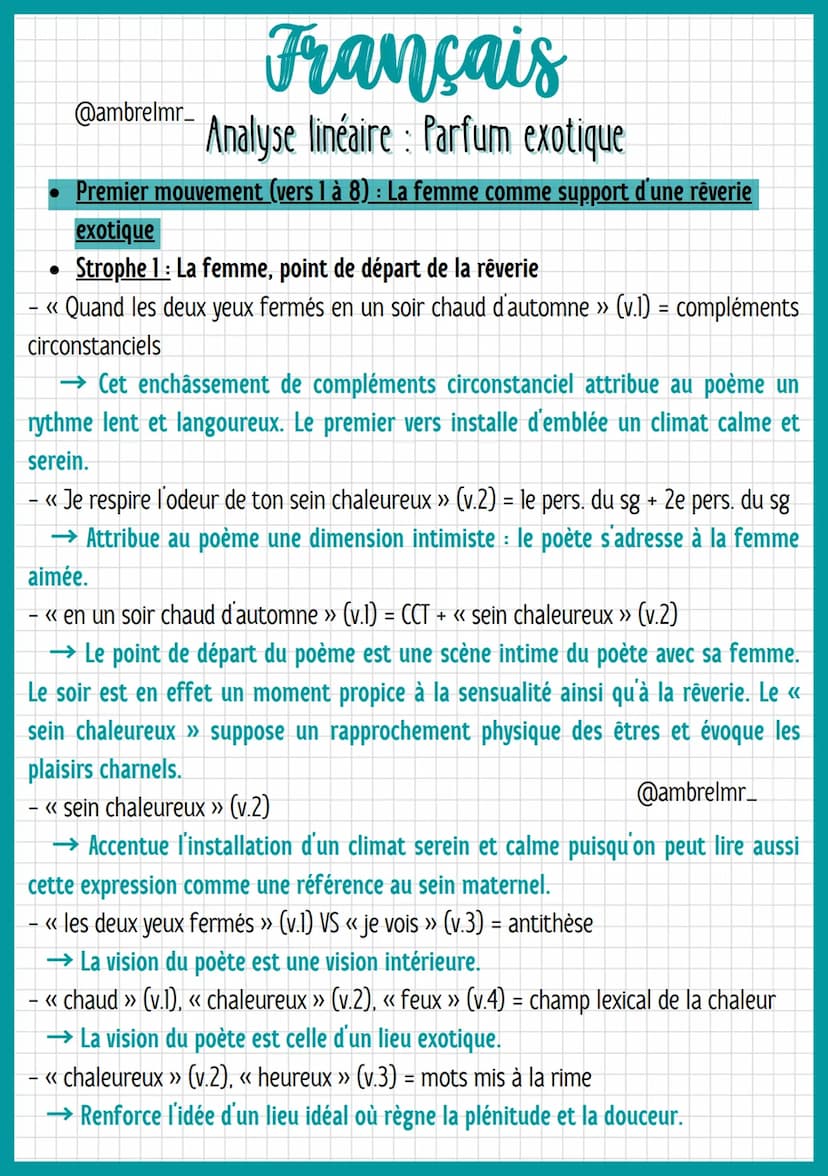 @ambrelmr_
Français
Analyse linéaire : Parfum exotique
Strophe 2: Un voyage vers un lieu exotique
- Ce second quatrain nous offre la vision 