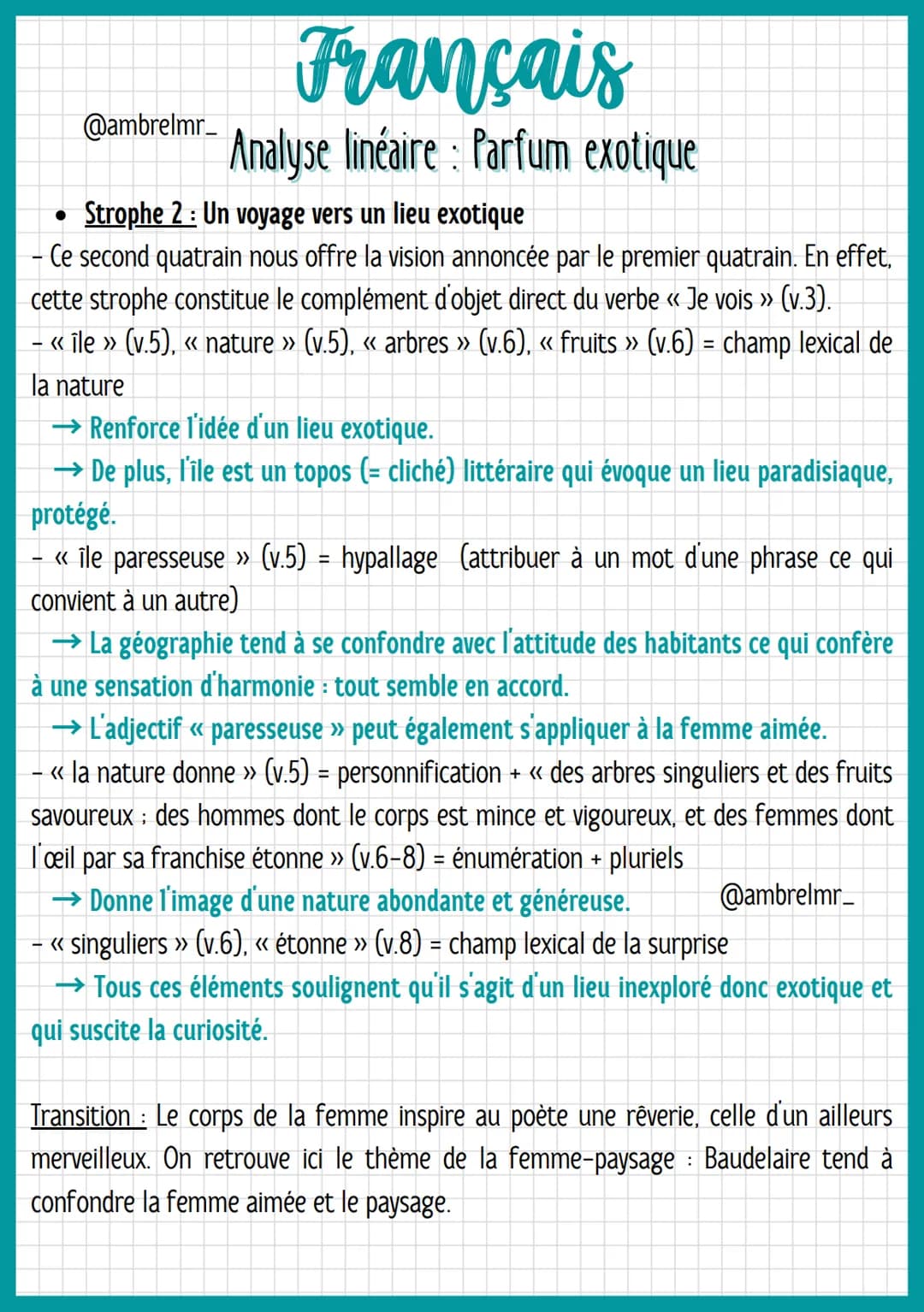 @ambrelmr_
Français
Analyse linéaire : Parfum exotique
Strophe 2: Un voyage vers un lieu exotique
- Ce second quatrain nous offre la vision 