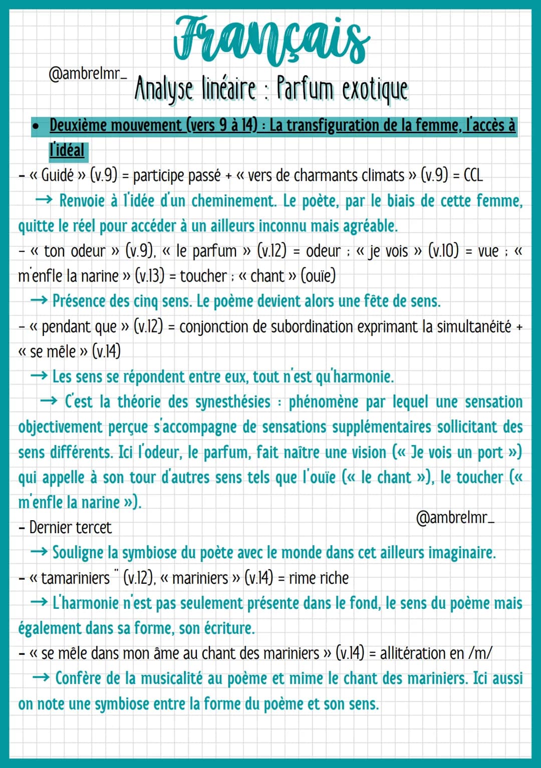 @ambrelmr_
Français
Analyse linéaire : Parfum exotique
Strophe 2: Un voyage vers un lieu exotique
- Ce second quatrain nous offre la vision 