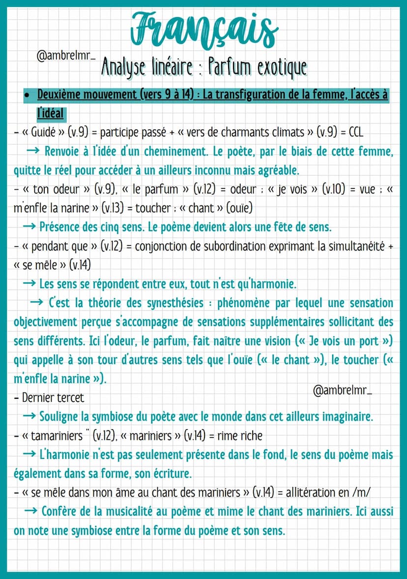 @ambrelmr_
Français
Analyse linéaire : Parfum exotique
Strophe 2: Un voyage vers un lieu exotique
- Ce second quatrain nous offre la vision 