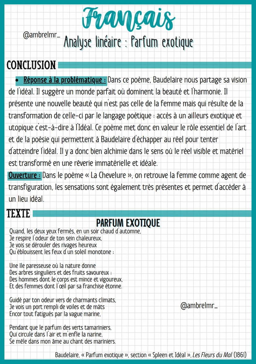 @ambrelmr_
Français
Analyse linéaire : Parfum exotique
Strophe 2: Un voyage vers un lieu exotique
- Ce second quatrain nous offre la vision 