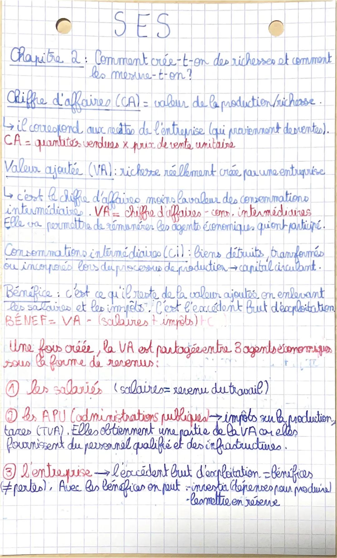 C
SES
Chapitre 2 : Comment crée-t-on des richesses et comment
les mesure-t-on ?
Chiffre d'affaires (CA) = valeur de la production/richesse.
