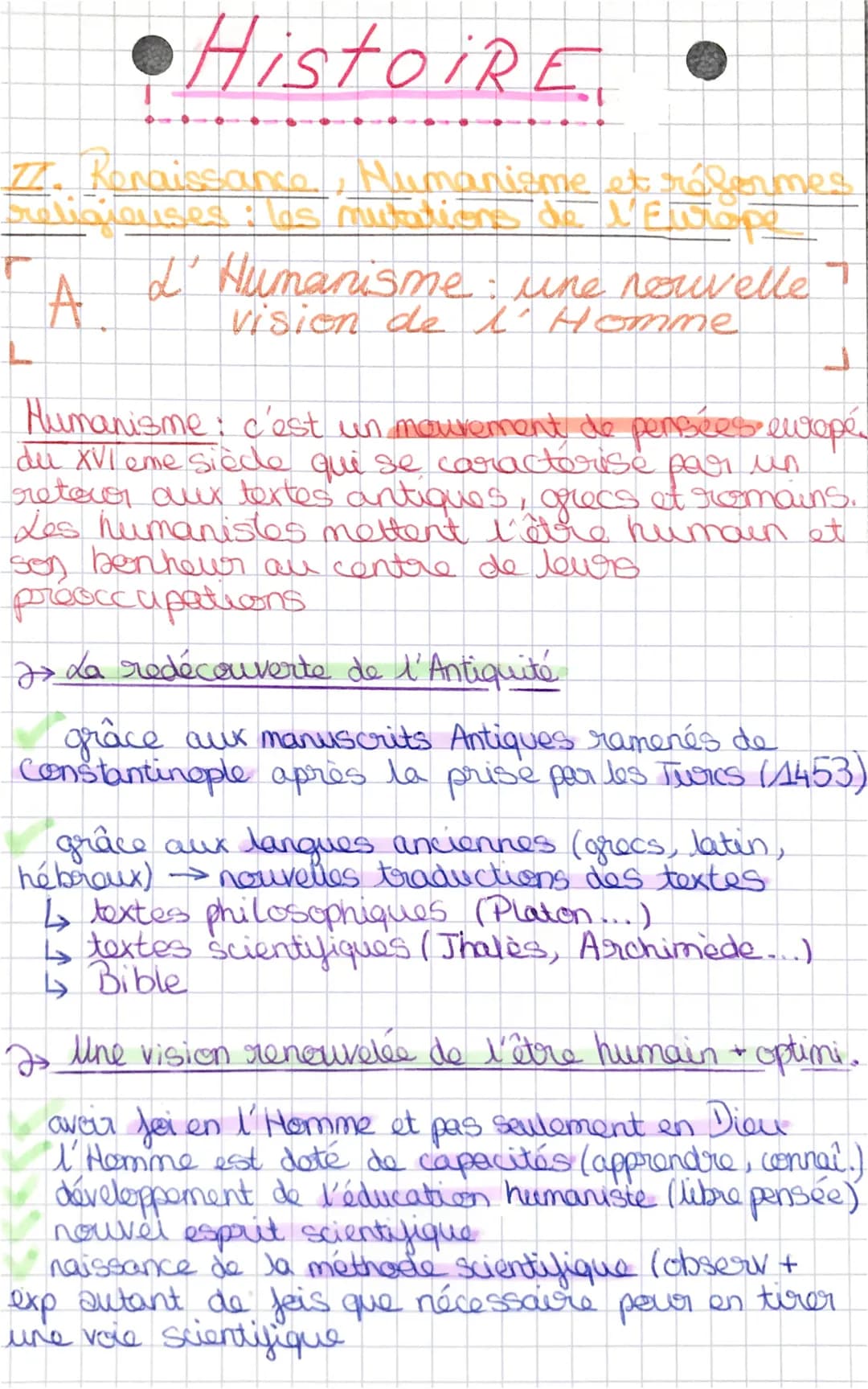 ●HistoiRE
Z. Renaissance,
de MEWrope
religieuses : les flisme et raformes
L'Humanisme une nouvelle
A.
vision de l'Homme
Humanisme : c'est un