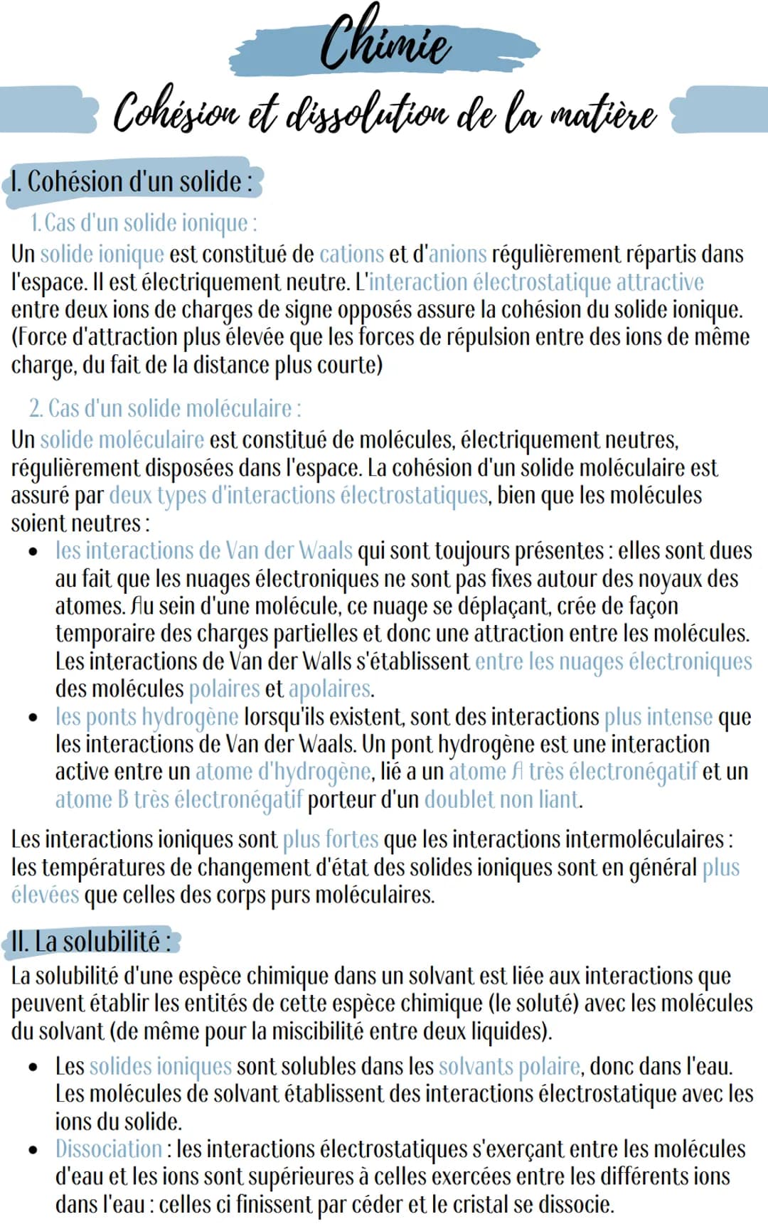 Chimie
Cohésion et dissolution de la matière
1. Cohésion d'un solide :
1. Cas d'un solide ionique :
Un solide ionique est constitué de catio
