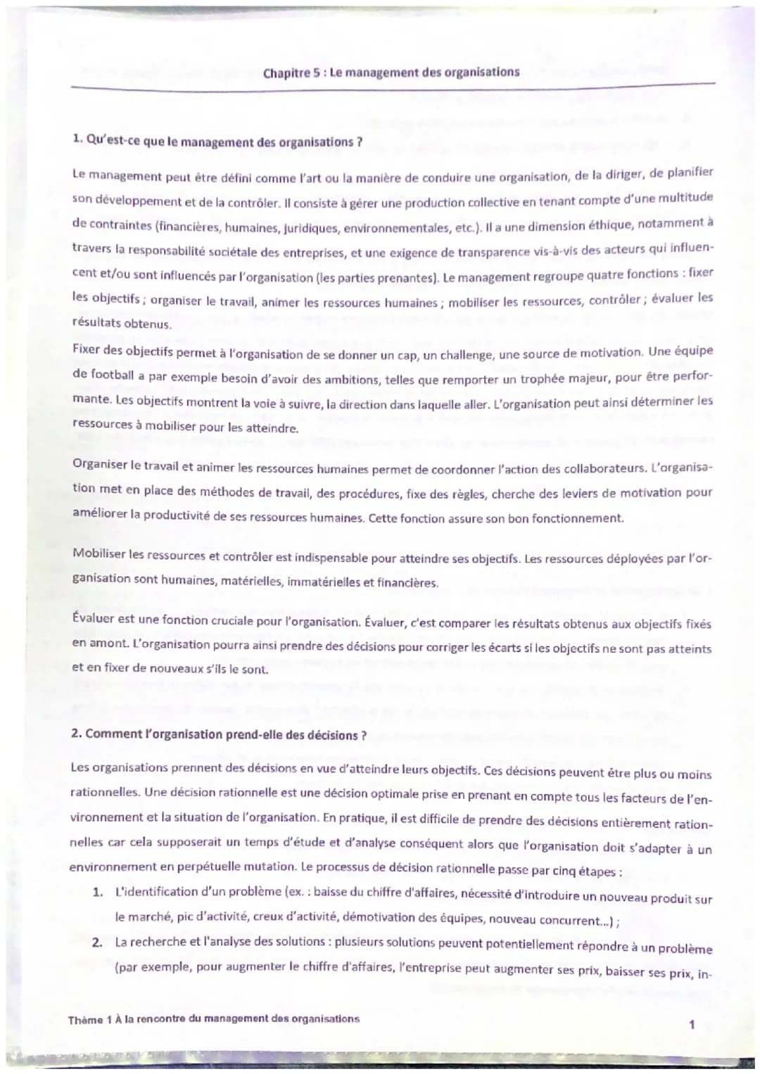 Chapitre 5 : Le management des organisations
1. Qu'est-ce que le management des organisations ?
Le management peut être défini comme l'art o