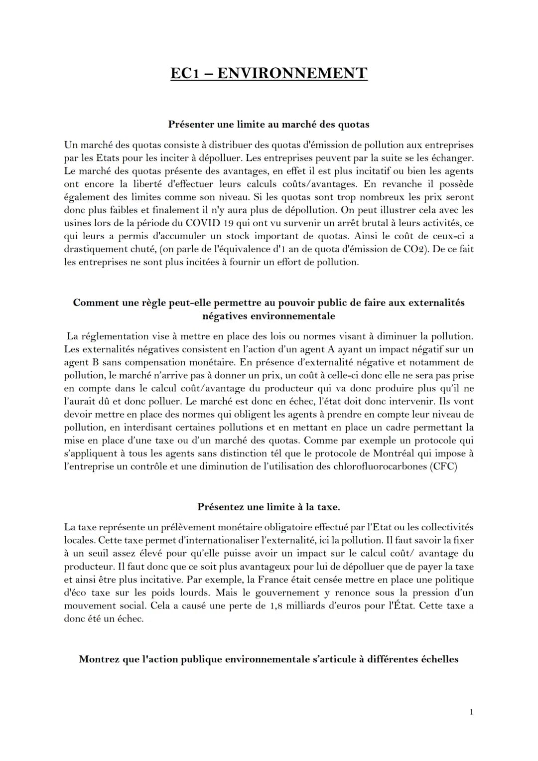 EC1-ENVIRONNEMENT
Présenter une limite au marché des quotas
Un marché des quotas consiste à distribuer des quotas d'émission de pollution au