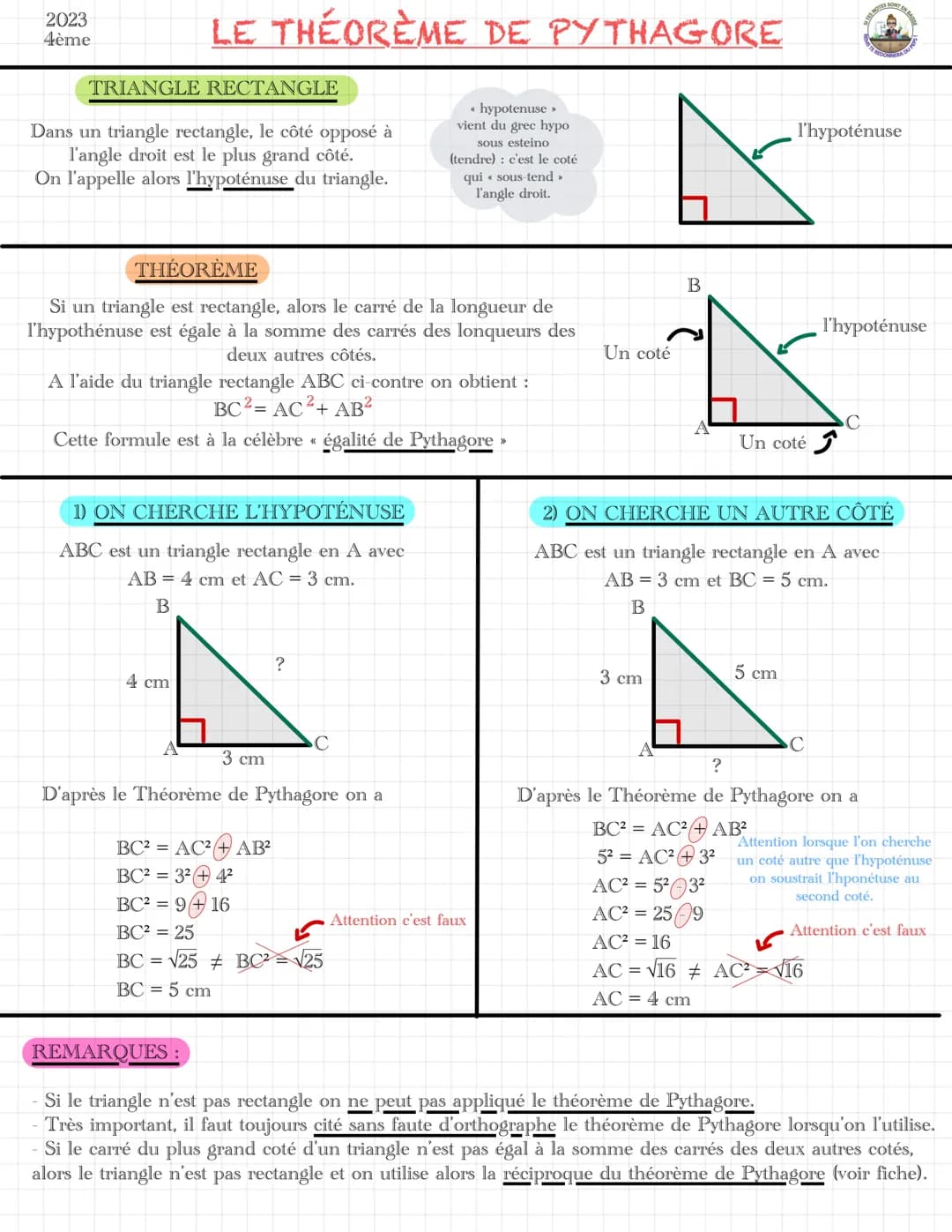 2023
4ème
TRIANGLE RECTANGLE
Dans un triangle rectangle, le côté opposé à
l'angle droit est le plus grand côté.
On l'appelle alors l'hypotén