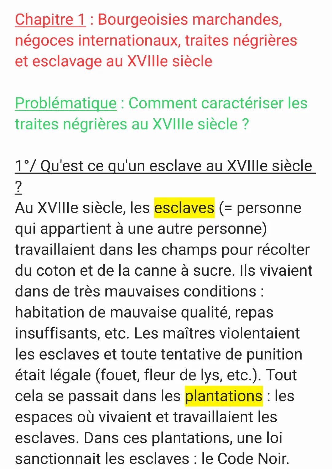 Résumé sur la Bourgeoisie Marchande et la Traite Négrière au XVIIIe Siècle - Évaluation 4ème