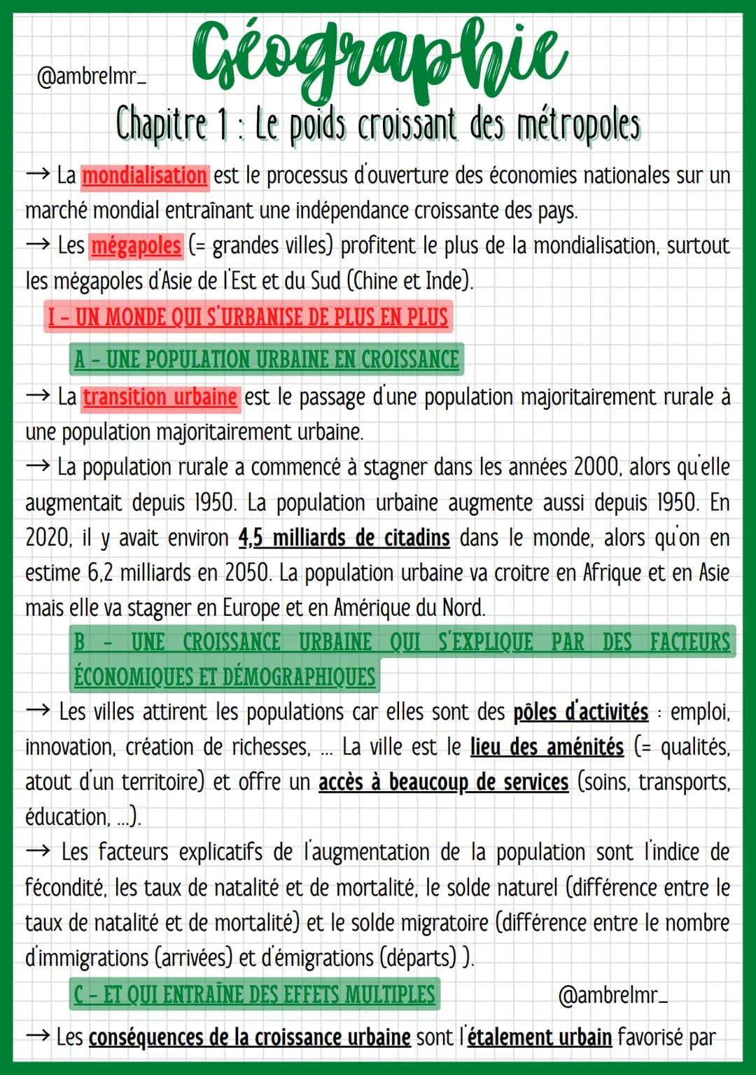 Géographie
Chapitre 1: Le poids croissant des métropoles
@ambrelmr_
→ La mondialisation est le processus d'ouverture des économies nationale