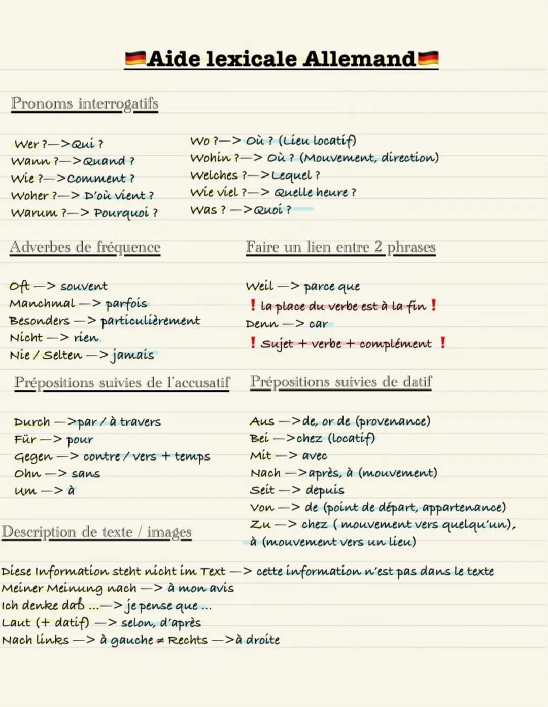 Aide lexicale Allemand
Pronoms interrogatifs
Wer ?->Qui ?
wann ?-> Quand ?
wie ?->Comment ?
Woher ?-> D'où vient ?
Warum ?-> Pourquoi ?
Adve