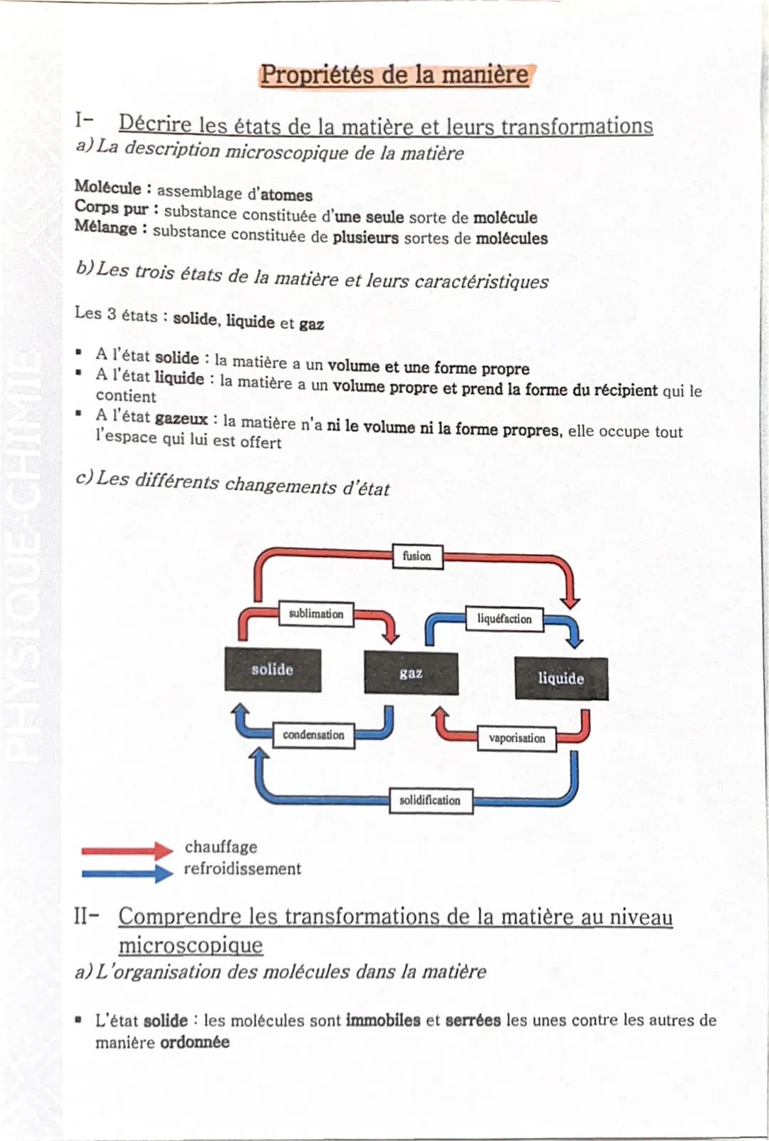 
<h2 id="propritsdelamatire">Propriétés de la matière</h2>
<p>I- Description des états de la matière et de leurs transformations</p>
<p>a) L