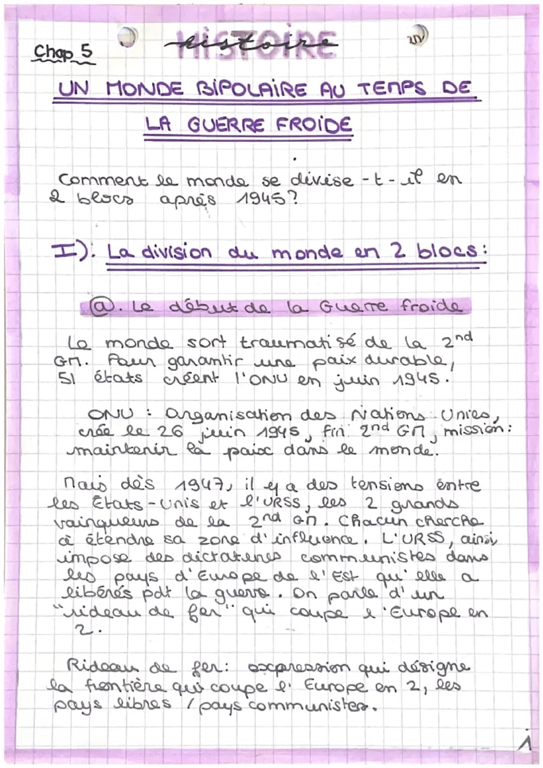 I riscopre
Chap 5
2
UN MONDE BIPOLAIRE AU TEMPS DE
LA GUERRE FROIDE
Comment le monde se divise-t-il en
2 blocs après 1945?
I). La division d