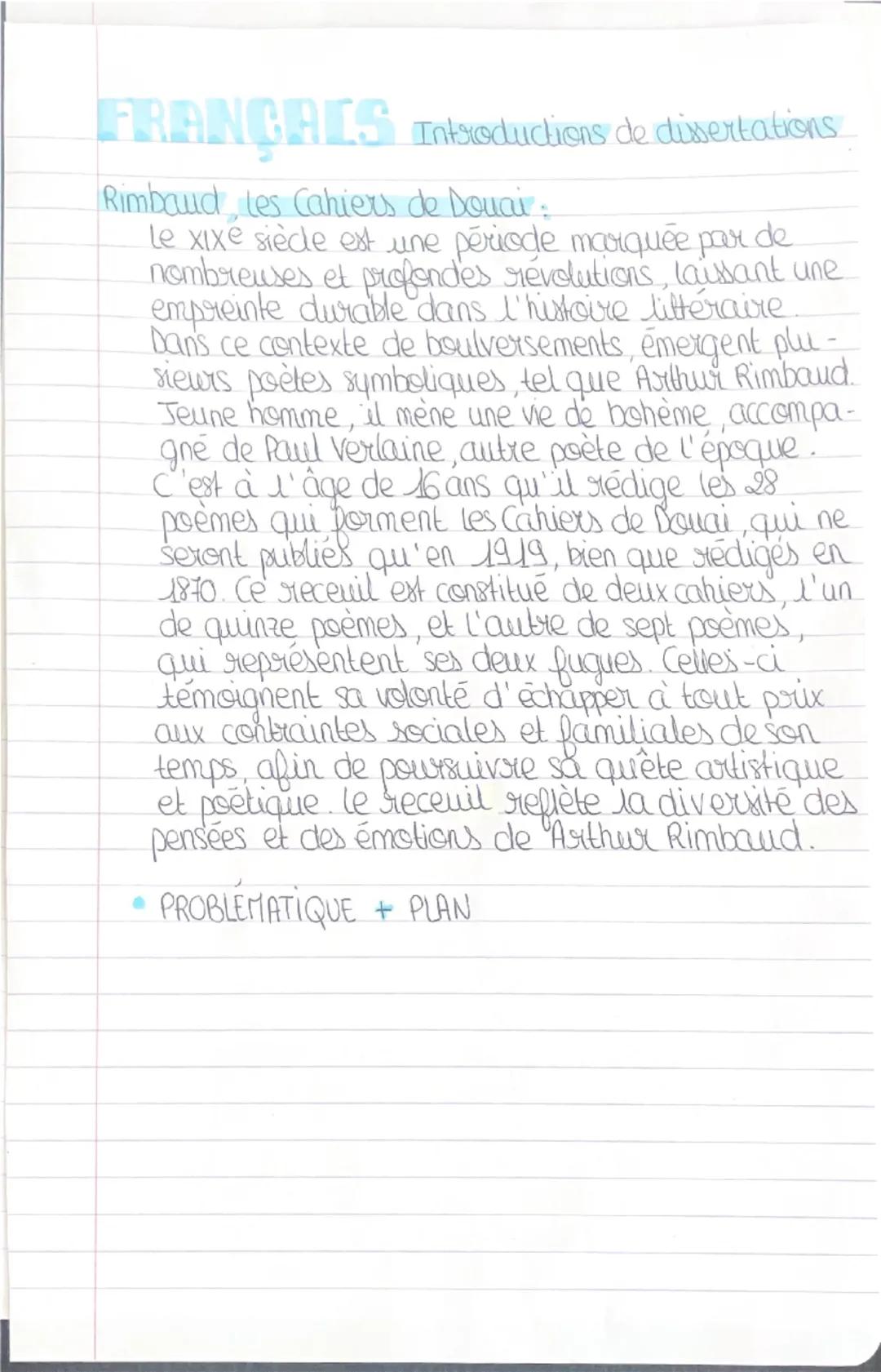 FRANÇAIS Introductions de dissertations
Rimbaud, les Cahiers de Douai:
Le xixe siècle est une période marquée par de
nombreuses et profondes