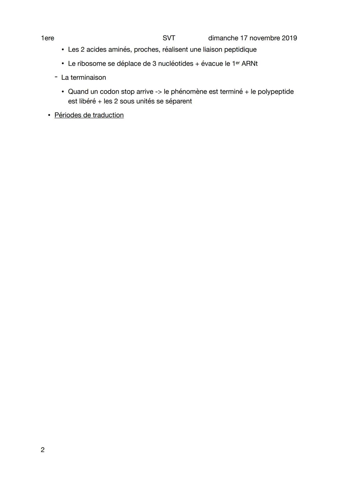 1ere
La traduction de l'ARN messager
Sujet
Protéome: ensemble des protéines d'une espèce
- génome: ensemble des gènes d'une espèce
- Le code