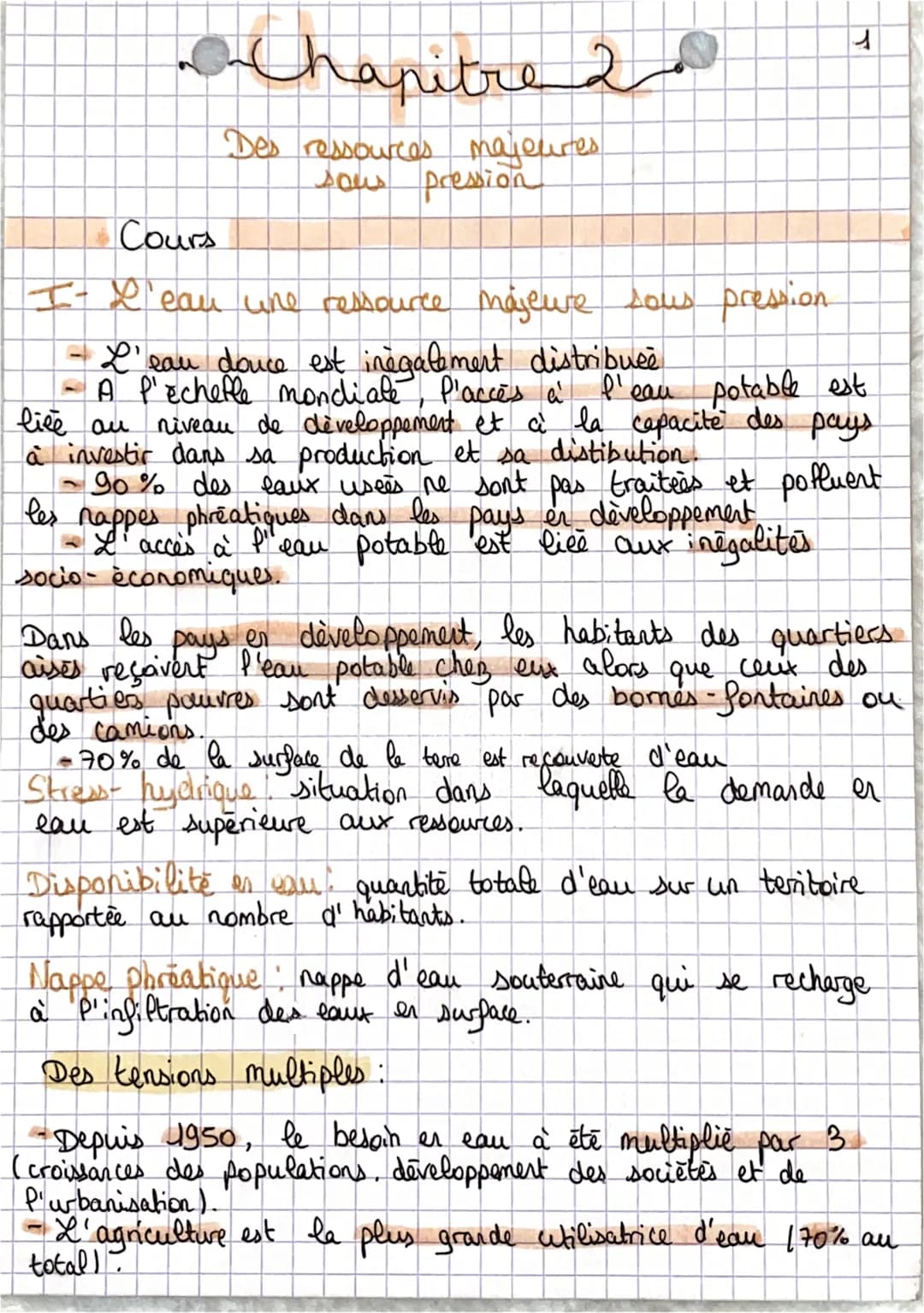 ~~Chapitre 20
Des ressources majeures
sous pression
T
Cours
I- L'eau une ressource majeure sous pression.
- L'eau douce est inégalement dist