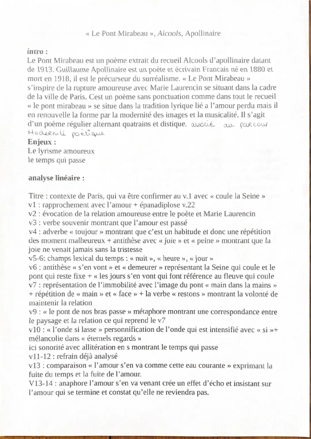 << Le Pont Mirabeau »>, Alcools, Apollinaire
intro :
Le Pont Mirabeau est un poème extrait du recueil Alcools d'apollinaire datant
de 1913. 