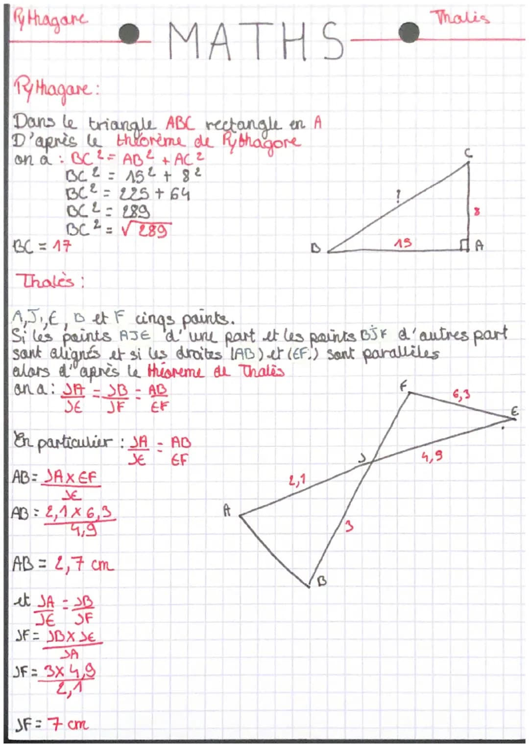 Ry Hagare
MATHS
Pythagare:
Dans le triangle ABC rectangle en A
D'après le theorème de Rythagore
on a BC² = AB ²
+ AC ²
BC ² = 15² + 8²
B3C²=