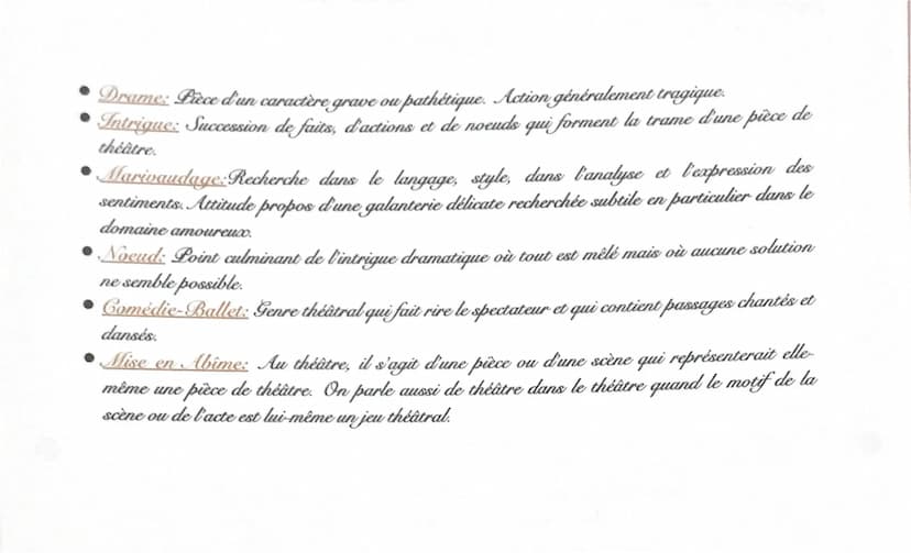 Le théâtre
Vocabulaire
Didascalies: Instructions données par un auteur dramatique
d'interpréter leur rôle.
aux acteurs sur la manière
Aparté