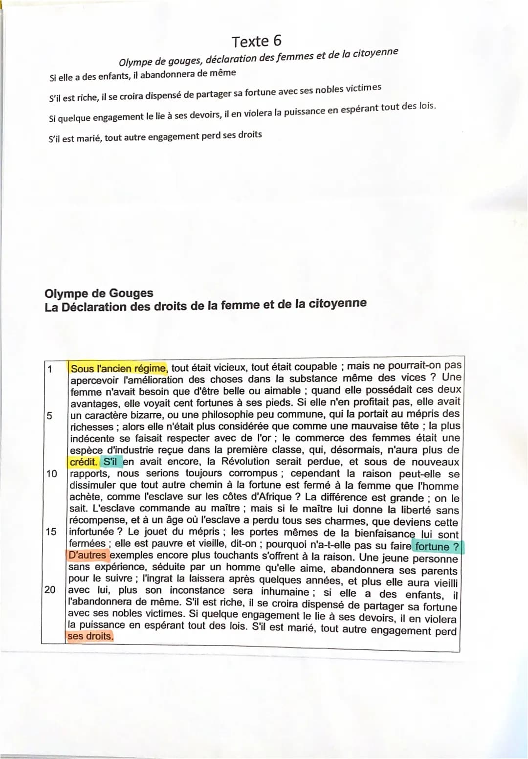 Texte 6
Olympe de gouges, déclaration des femmes et de la citoyenne
Introduction:
La déclaration des femmes et de la citoyenne a été écrit e