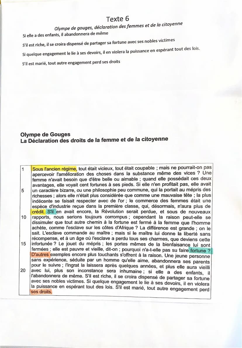 Texte 6
Olympe de gouges, déclaration des femmes et de la citoyenne
Introduction:
La déclaration des femmes et de la citoyenne a été écrit e