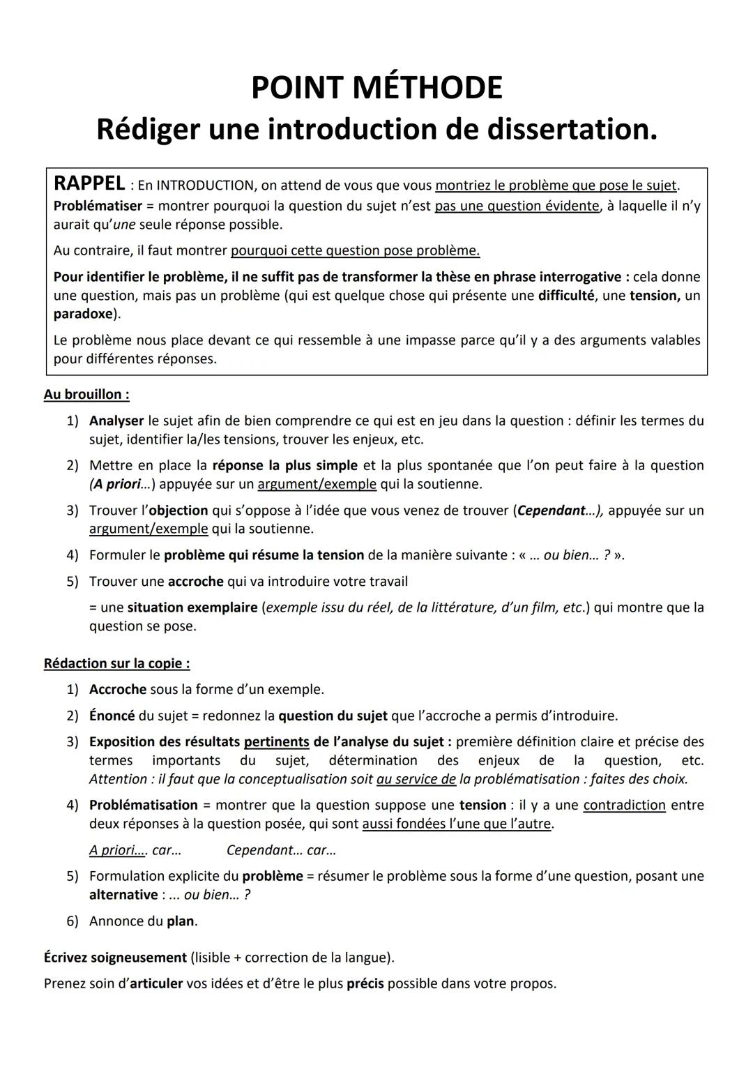 POINT MÉTHODE
Rédiger une introduction de dissertation.
RAPPEL: En INTRODUCTION, on attend de vous que vous montriez le problème que pose le