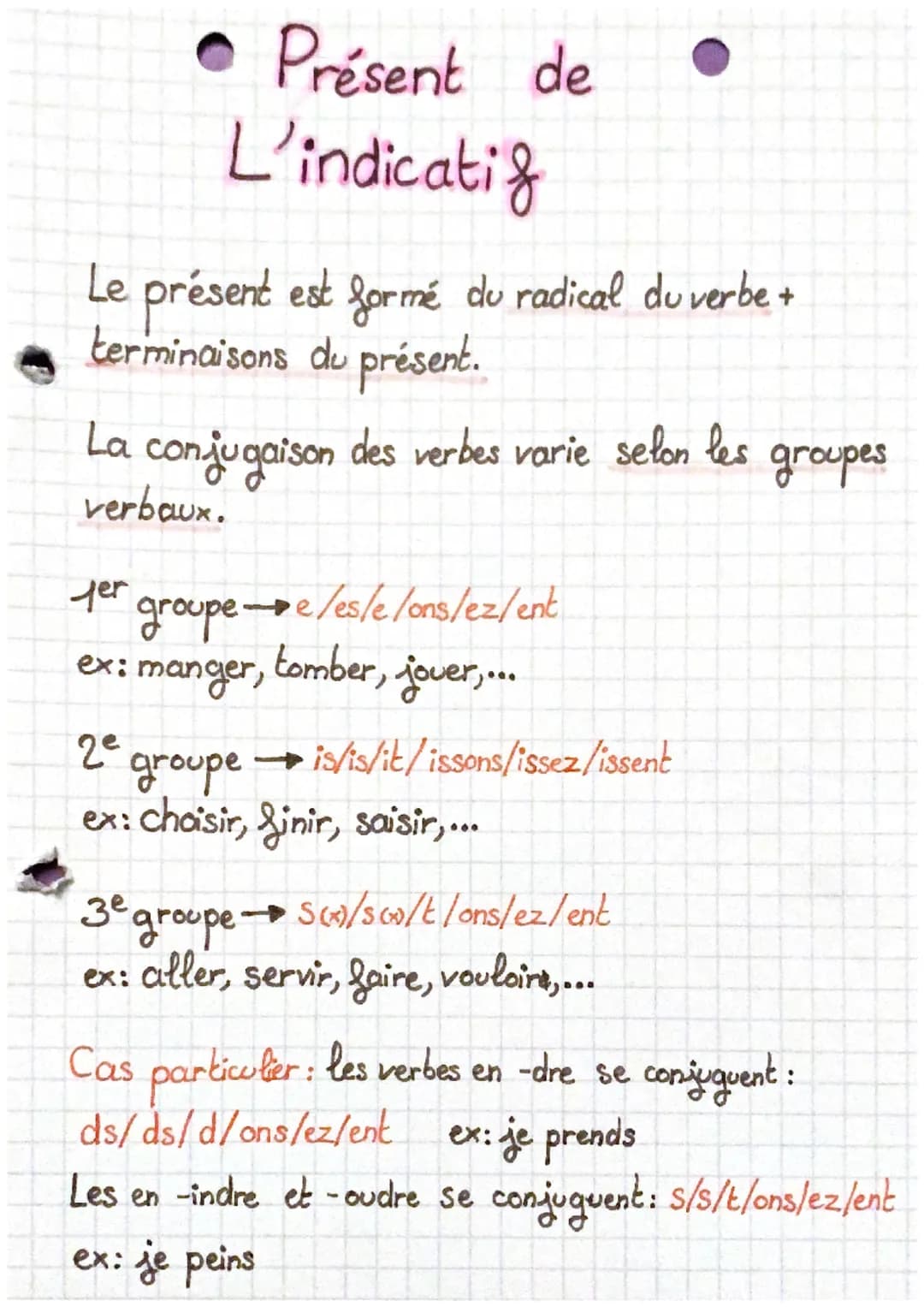 • Présent de
L'indicatif
Le présent est formé du radical du verbe +
terminaisons du présent.
La conjugaison des verbes varie selon les
verba