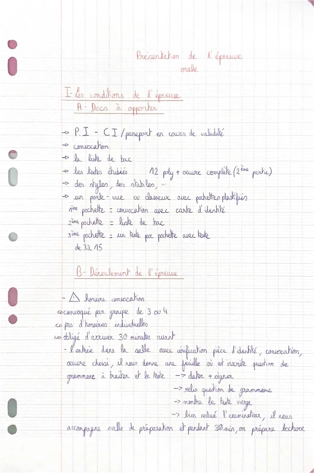 I- les conditions de l'épreuve
A - Docs à apporter
--• P.I-CI / passeport
→ convocation
- la liste de bac
12 poly
→ les textes étudiés
-> de