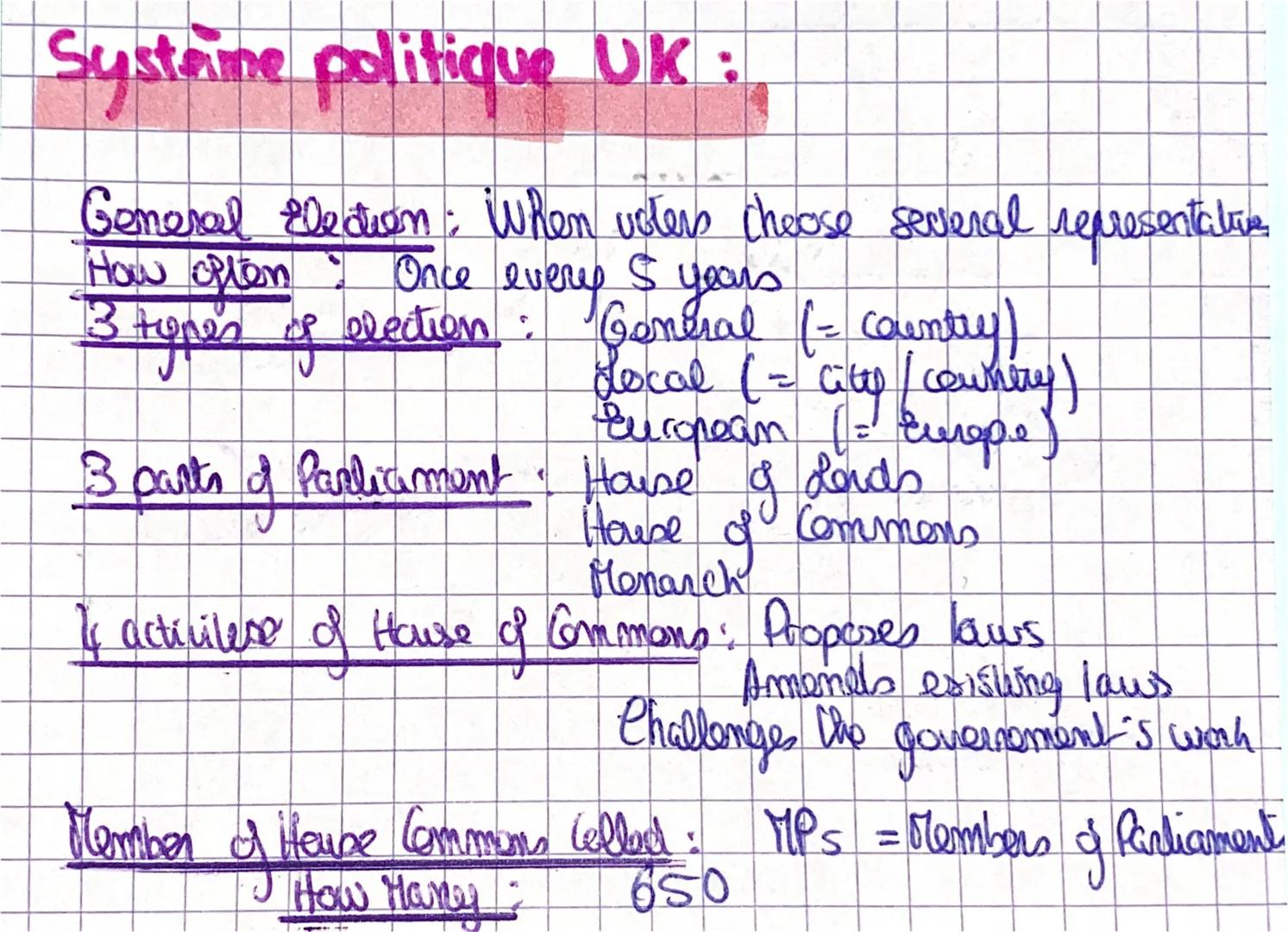 Systerme politique UK:

General Election: When voters choose several representative,
How often: Once every 5 years
3 types of election: Gene