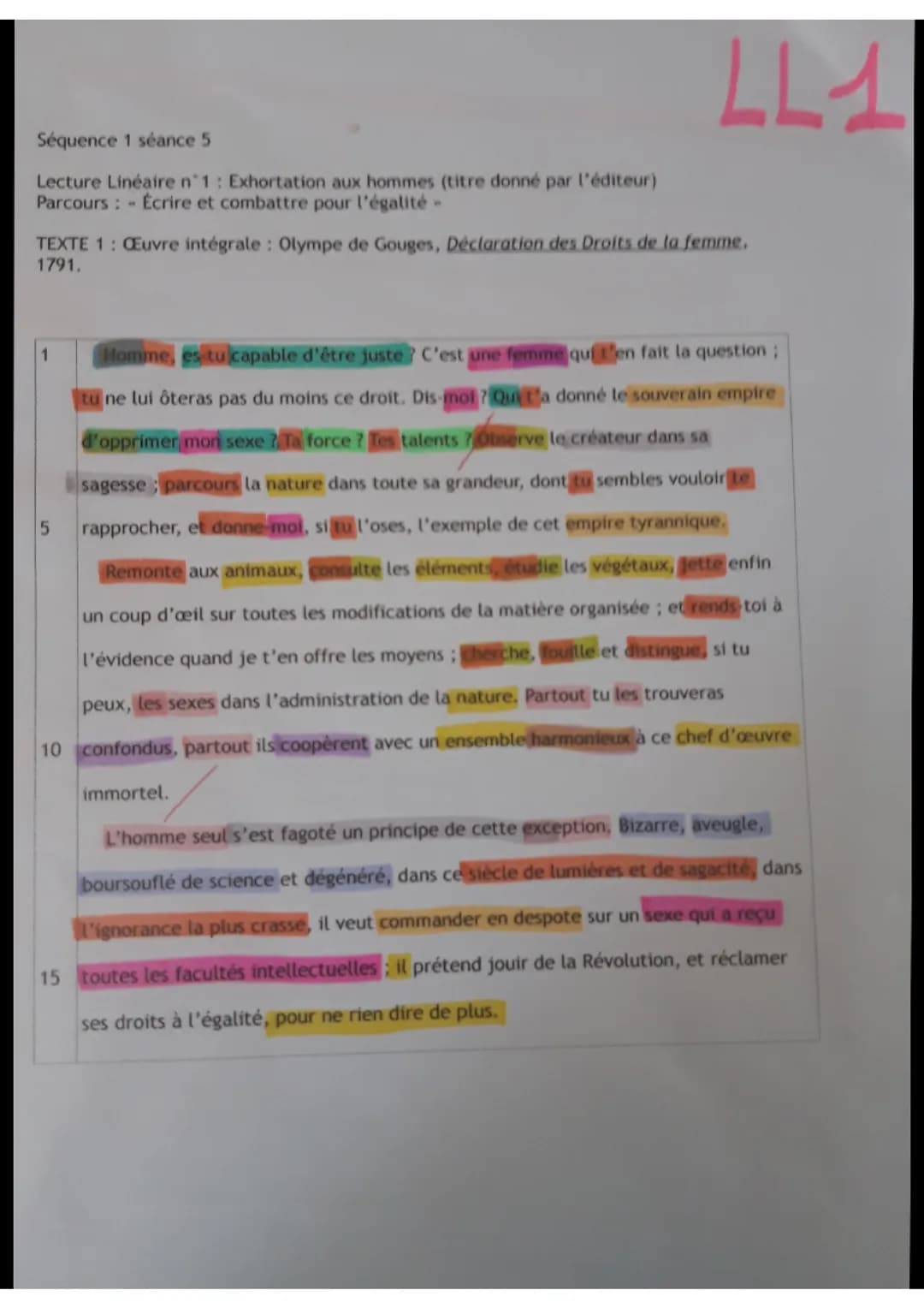 Analyse linéaire Déclaration des droits de la femme et de la citoyenne "exhortation aux hommes"