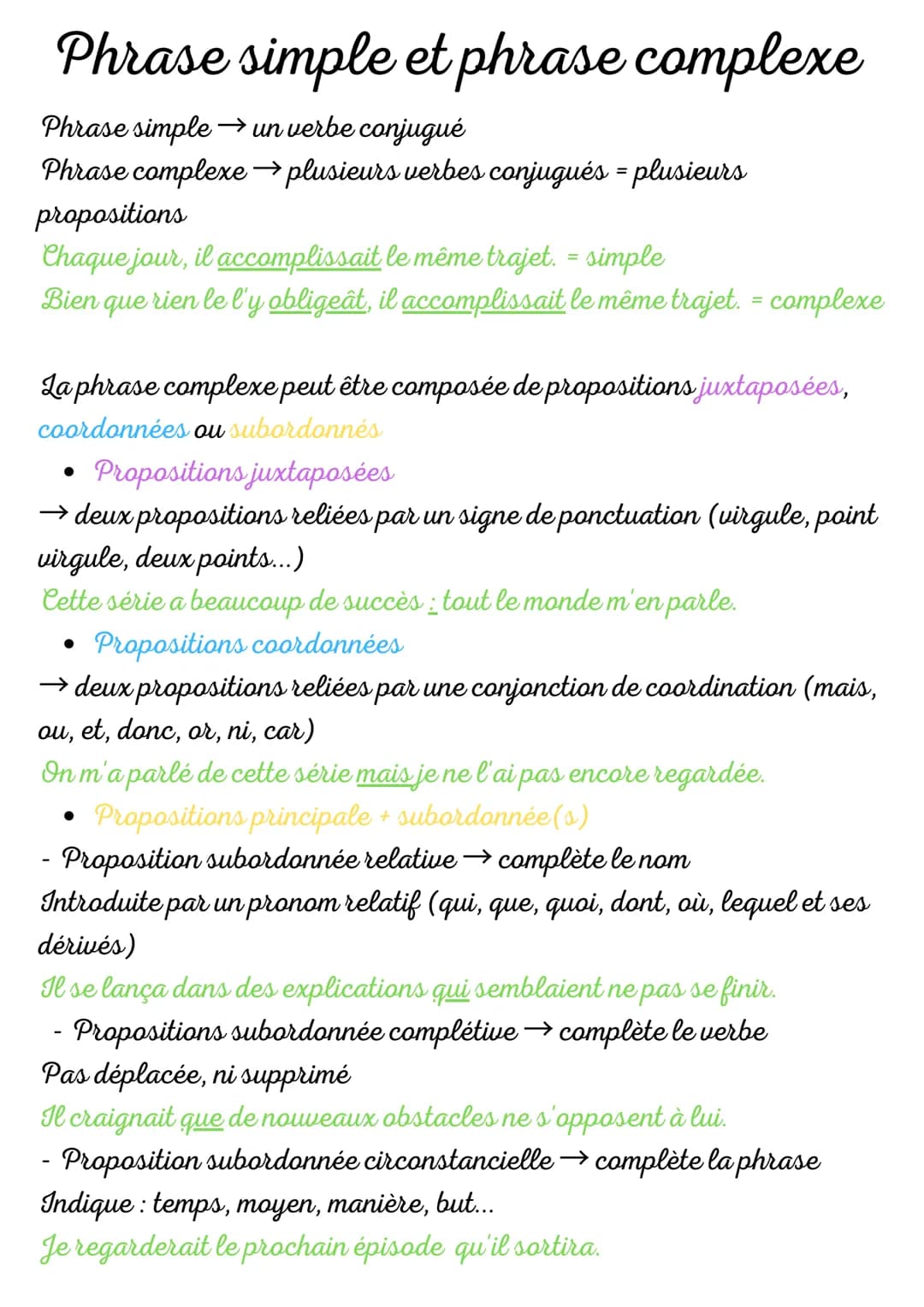 Phrase simple et phrase complexe
Phrase simple → un verbe conjugué
Phrase complexe plusieurs verbes conjugués = plusieurs
propositions
Chaqu