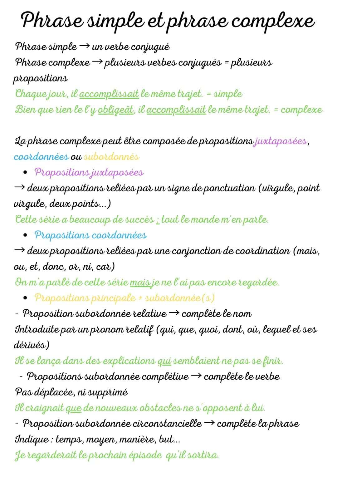 Phrase simple et phrase complexe
Phrase simple → un verbe conjugué
Phrase complexe plusieurs verbes conjugués = plusieurs
propositions
Chaqu