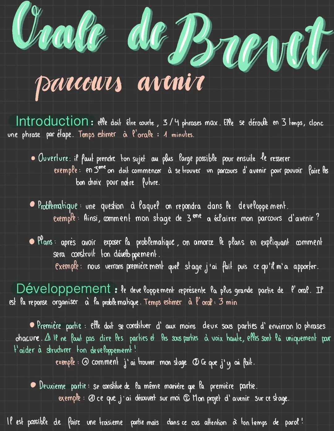 Orale de Brevet
parcours avenir
Introduction : elle doit être courte, 3/4 phrases max. Elle se déroule en 3 temps, clonc
une phrase par étap