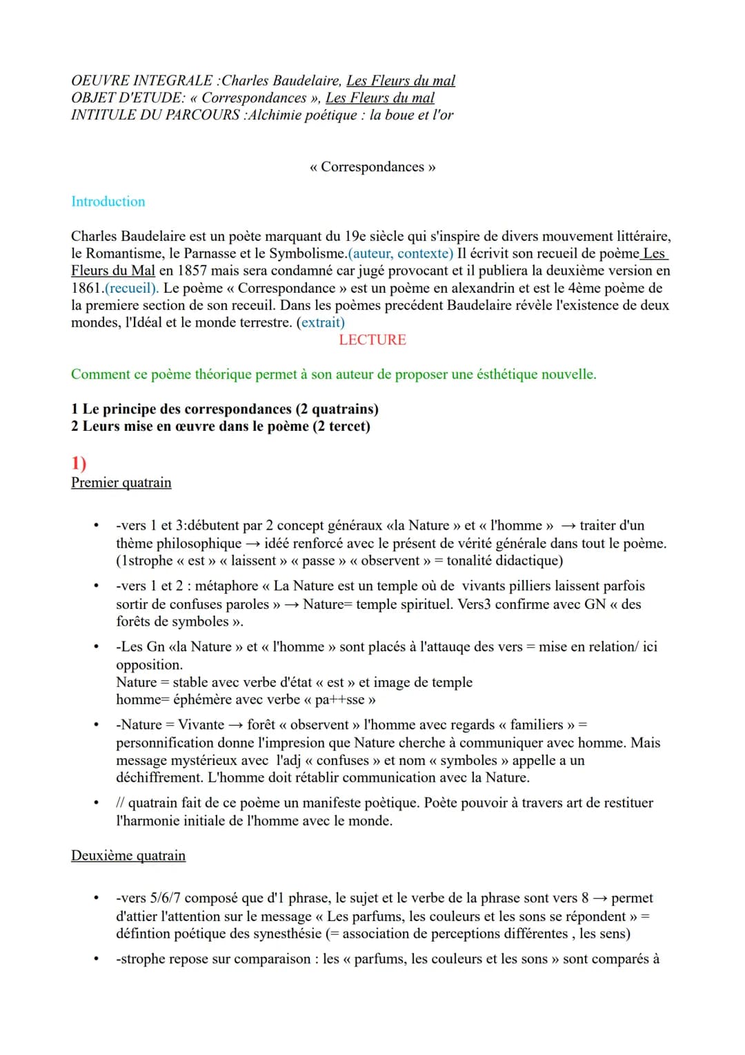OEUVRE INTEGRALE :Charles Baudelaire, Les Fleurs du mal
OBJET D'ETUDE: « Correspondances », Les Fleurs du mal
INTITULE DU PARCOURS :Alchimie