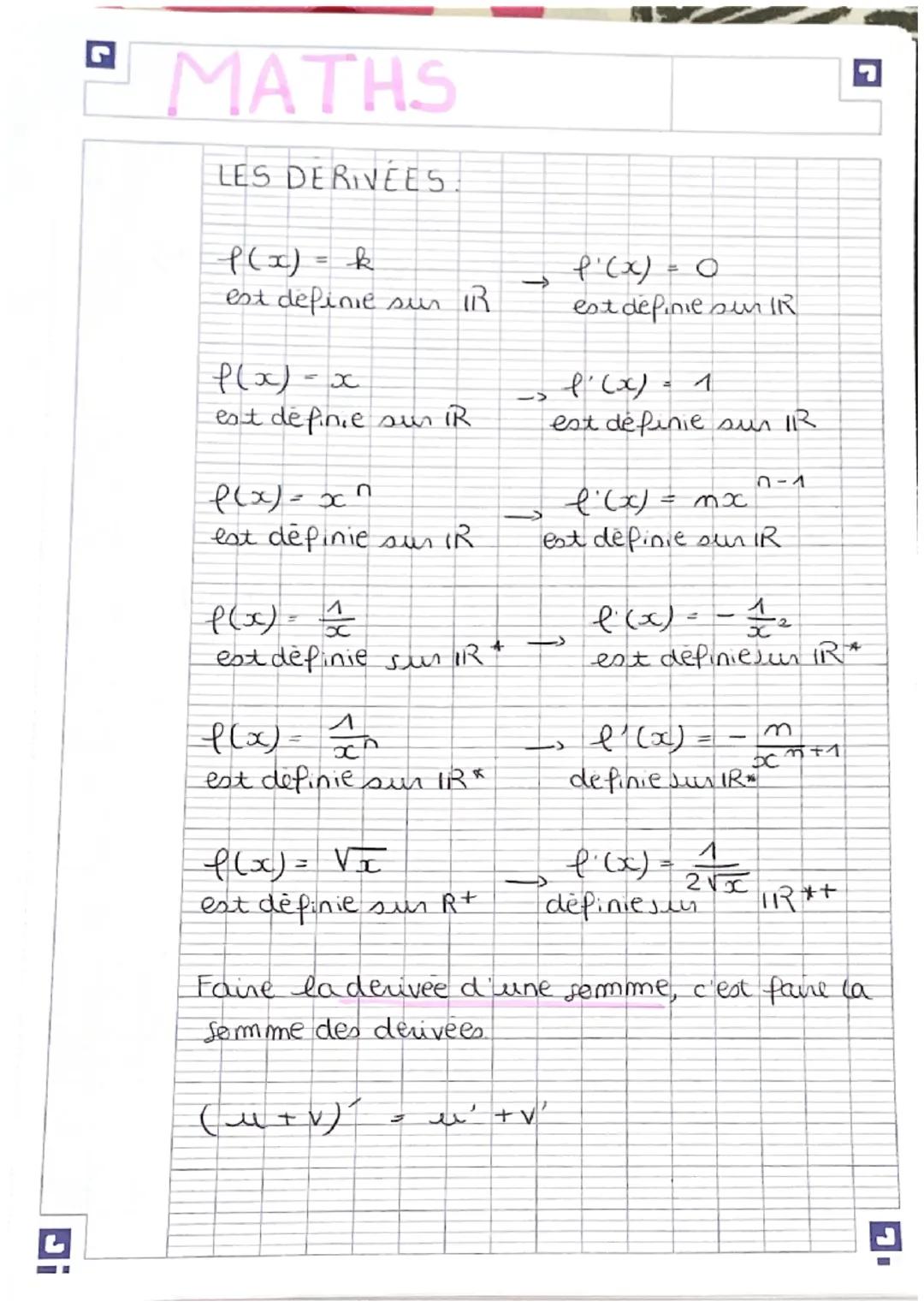 Ji
L
MATHS
LES DERIVÉES
((x)= k
est definie sur IR
f(x)=x
est definie sur IR
P(x)= xn
est definie sus IR
f(x)= 1/
est definie sur IR +
^
XA
