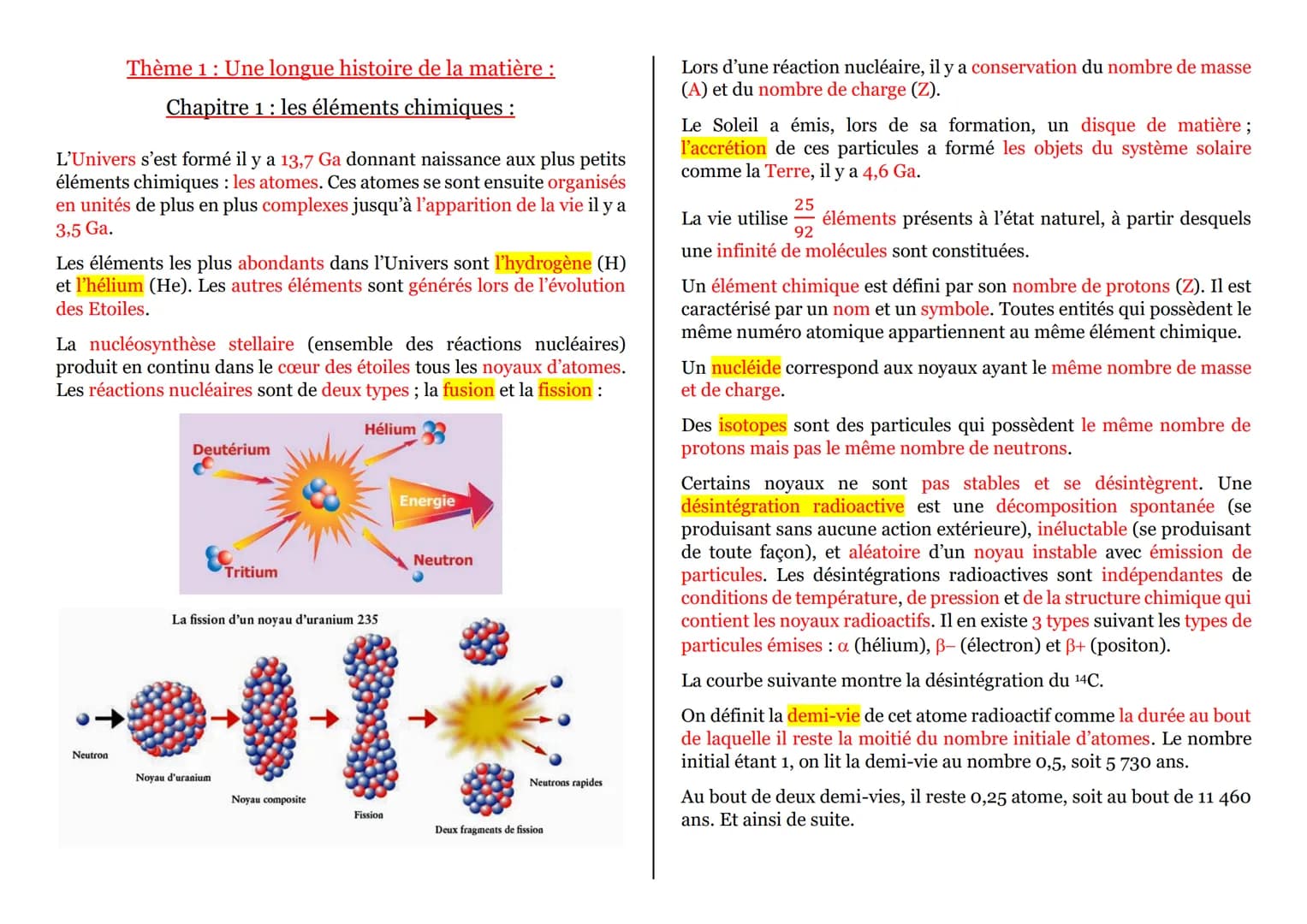 Thème 1: Une longue histoire de la matière :
Chapitre 1 : les éléments chimiques :
L'Univers s'est formé il y a 13,7 Ga donnant naissance au