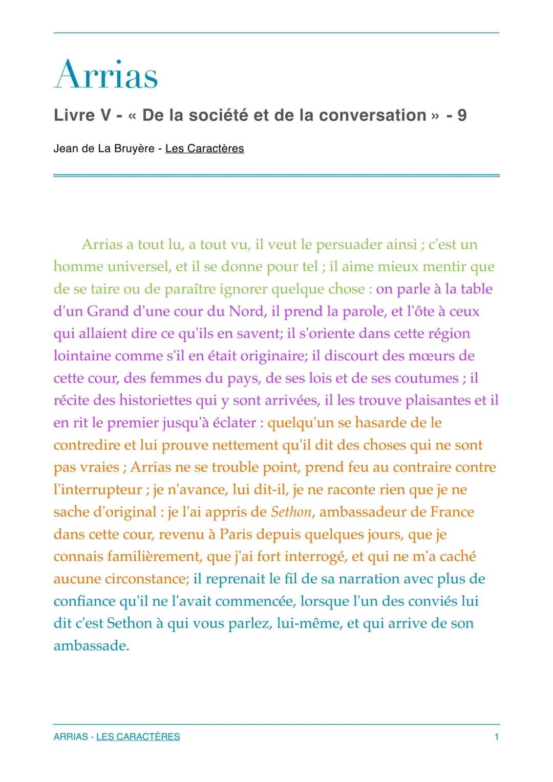 Arrias
Livre V - << De la société et de la conversation >> - 9
Jean de La Bruyère - Les Caractères
Arrias a tout lu, a tout vu, il veut le p