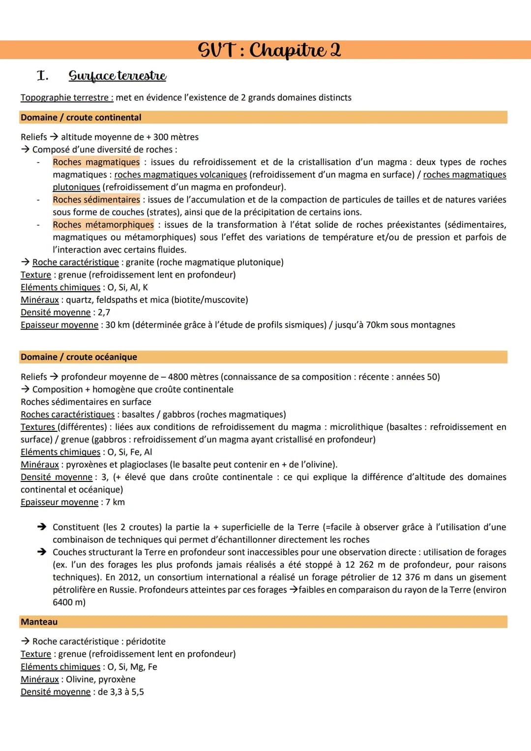 SVT: Chapitre 2
I. Surface terrestre
Topographie terrestre: met en évidence l'existence de 2 grands domaines distincts
Domaine / croute cont
