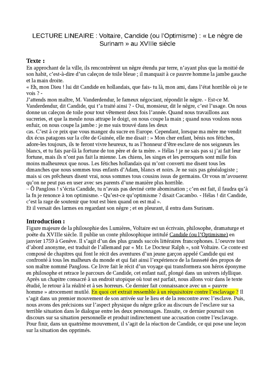 Analyse linéaire - "Le nègre de Surinam" dans Candide de Voltaire