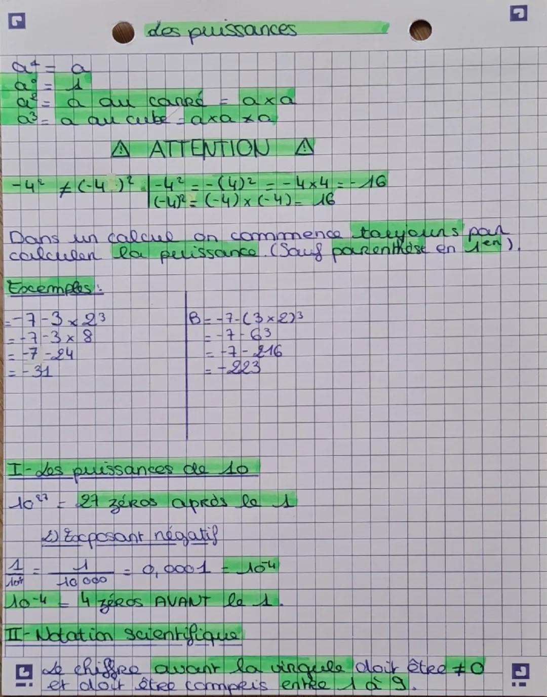 # des puissances

a+= a
a= 1
a= a au carré = axa
a3- a au cube-axaха

## A ATTENTION A

-4° ≠ (-4)2-42 = -(4)2 - - 4x4 = -16
(-4)²= (-4)x(-4