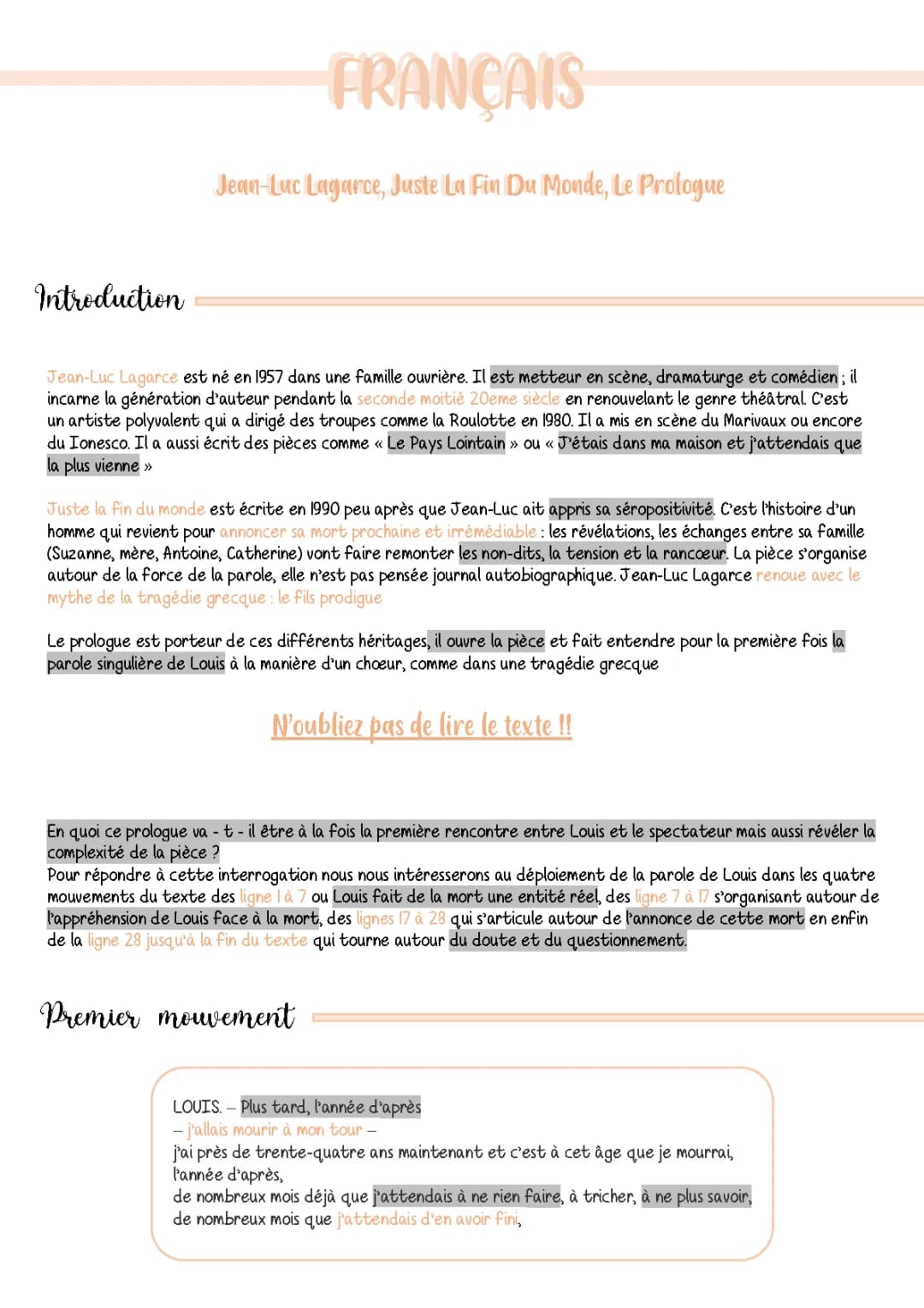 Prologue de Juste la fin du monde: Analyse et Résumé (PDF)
