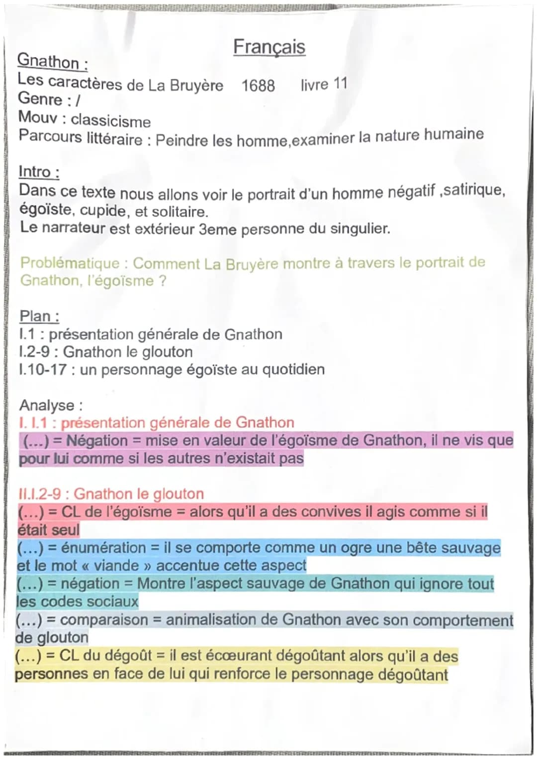 Analyse linéaire des Caractères de La Bruyère : Gnathon et les autres