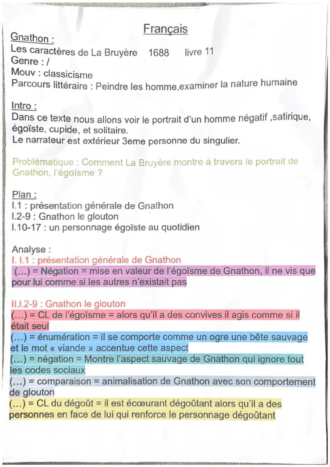 Français
Gnathon:
Les caractères de La Bruyère 1688
Genre :/
livre 11
Mouv: classicisme
Parcours littéraire : Peindre les homme,examiner la 