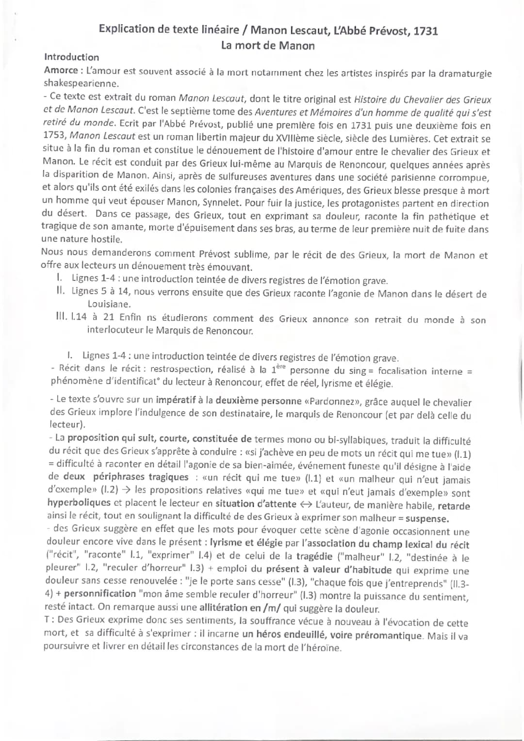 Analyse linéaire de la mort de Manon, Manon Lescaut, L’Abbé Prévost