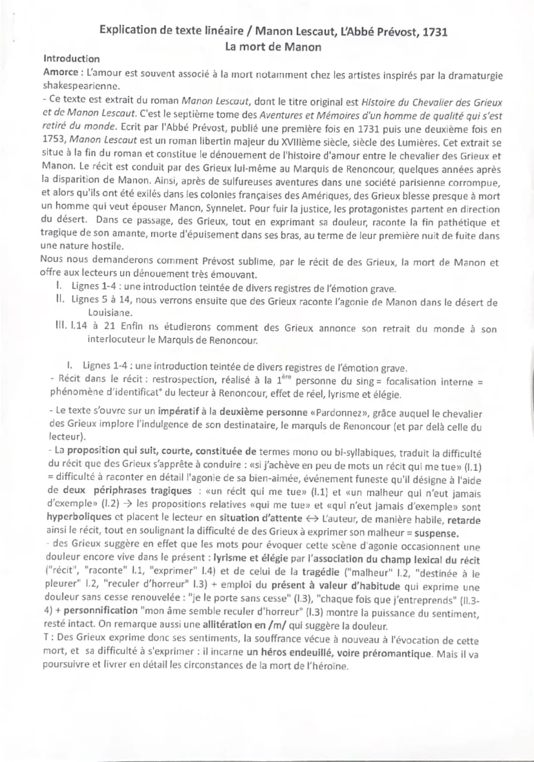 Introduction
Explication de texte linéaire / Manon Lescaut, L'Abbé Prévost, 1731
La mort de Manon
Amorce: L'amour est souvent associé à la m