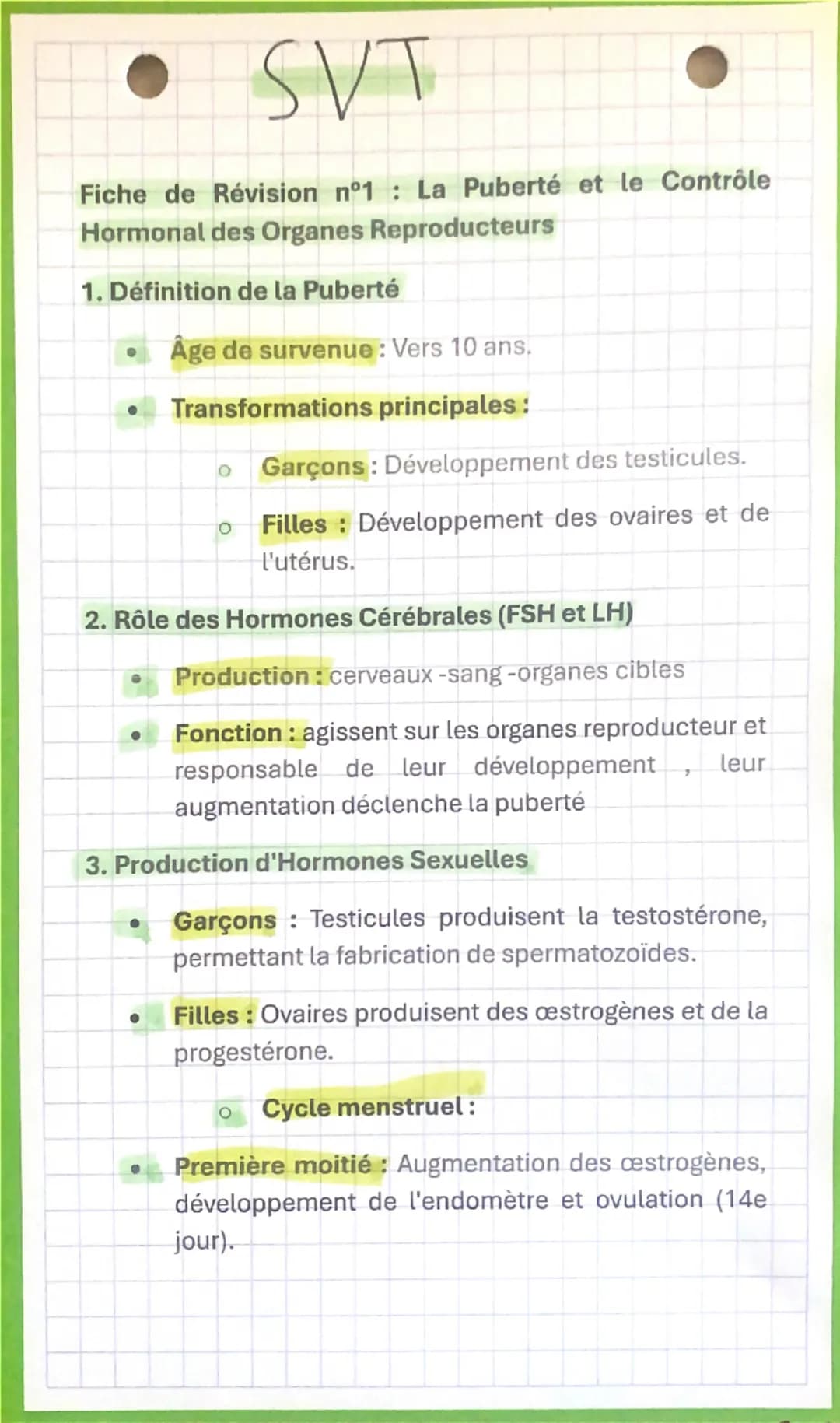 • SVT
Fiche de Révision n°1: La Puberté et le Contrôle
Hormonal des Organes Reproducteurs
1. Définition de la Puberté
Âge de survenue: Vers 